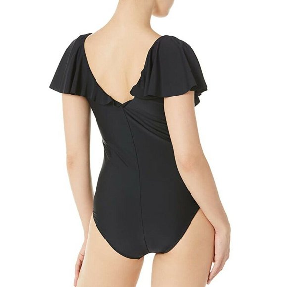 NEW OCEAN BLUES Sexy Ruffle Layered One Piece Swimsuit Black Women's Small - 648 - Picture 6 of 7